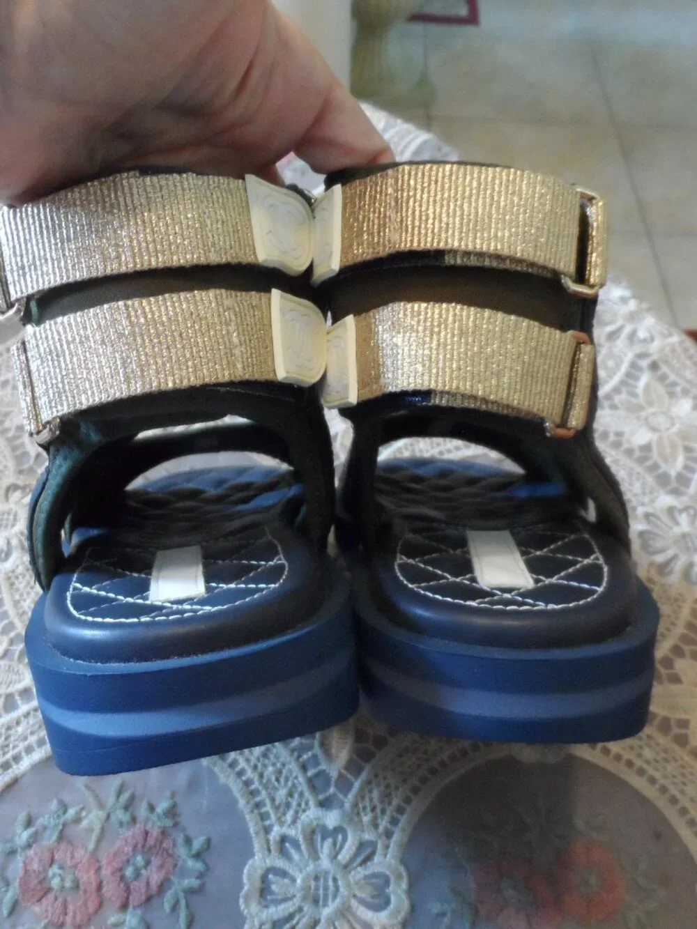 New Chanel Navy Blue & Army Green Gladiator Sandals Size 36C